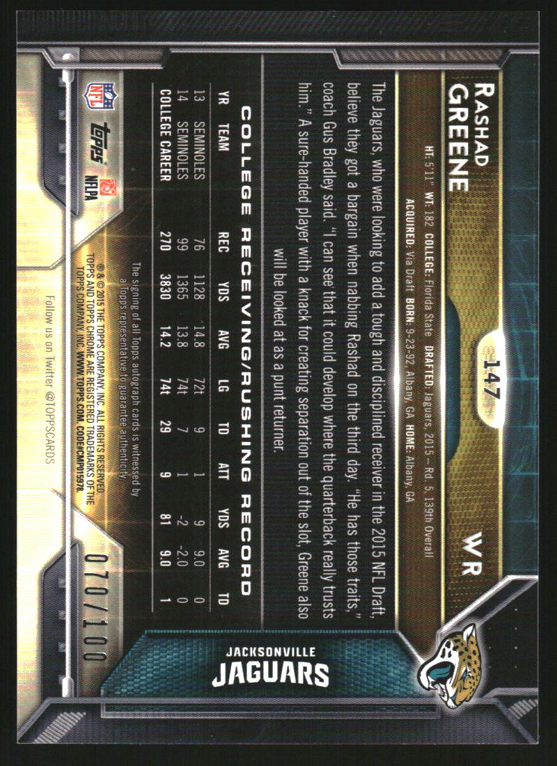 2015 Topps Chrome Rookie Autographs Hot Box Sepia Gold Refractors #147 Rashad Greene/100