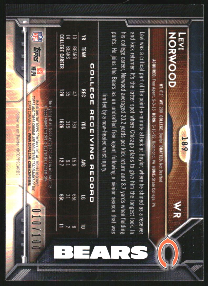 2015 Topps Chrome Rookie Autographs Hot Box Sepia Gold Refractors #189 Levi Norwood/100