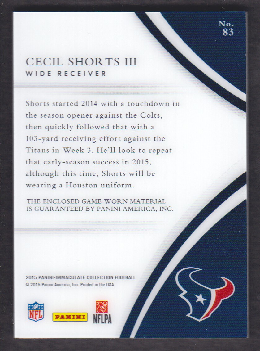 2015 Immaculate Collection Acetate Jerseys #83 Cecil Shorts/85 back image