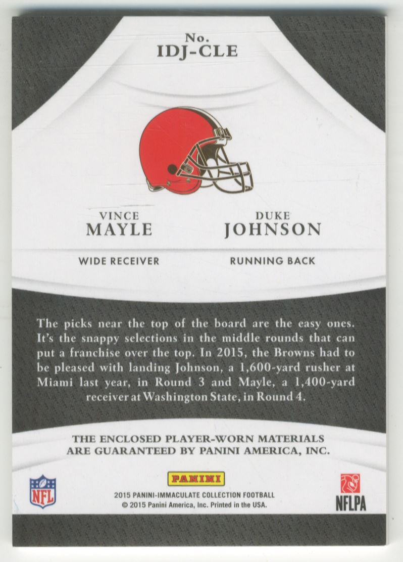2015 Immaculate Collection Dual Jerseys #10 Vince Mayle/Duke Johnson/99