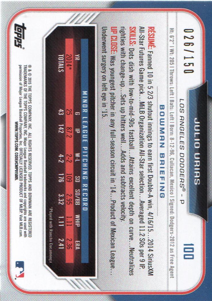 2015 Bowman Draft Blue #100 Julio Urias back image