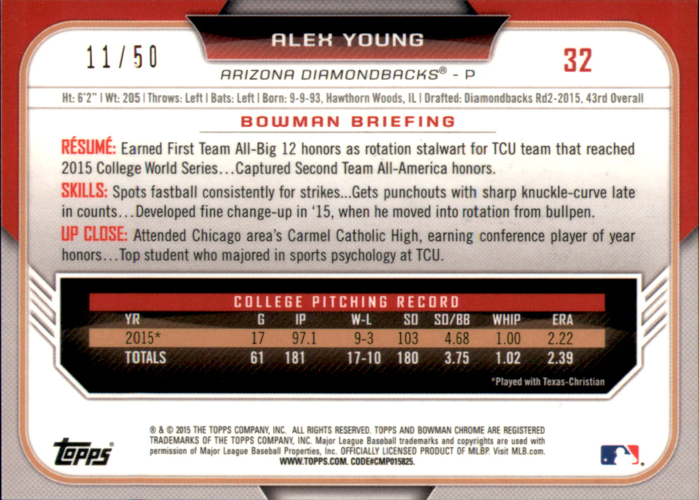 2015 Bowman Chrome Draft Gold Refractors #32 Alex Young back image