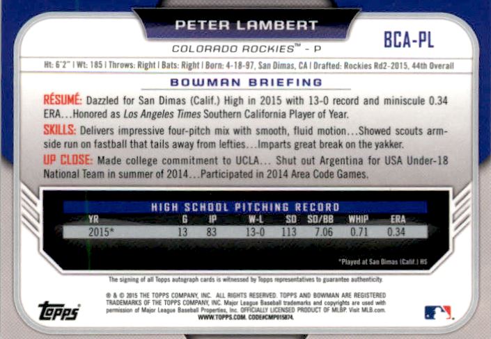 2015 Bowman Chrome Draft Draft Pick Autographs #BCAPL Peter Lambert back image