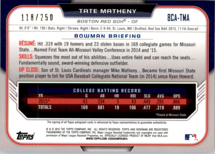2015 Bowman Chrome Draft Draft Pick Autographs Purple Refractors #BCATMA Tate Matheny