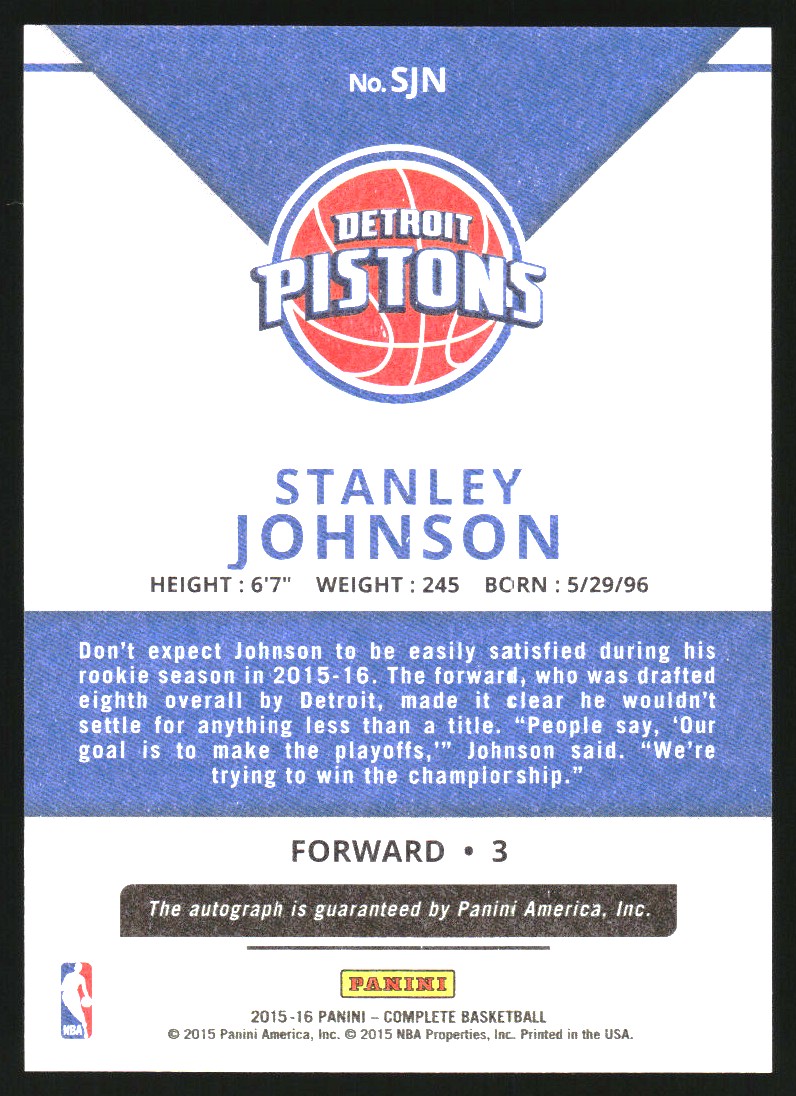 2015-16 Panini Complete Autographs #22 Stanley Johnson
