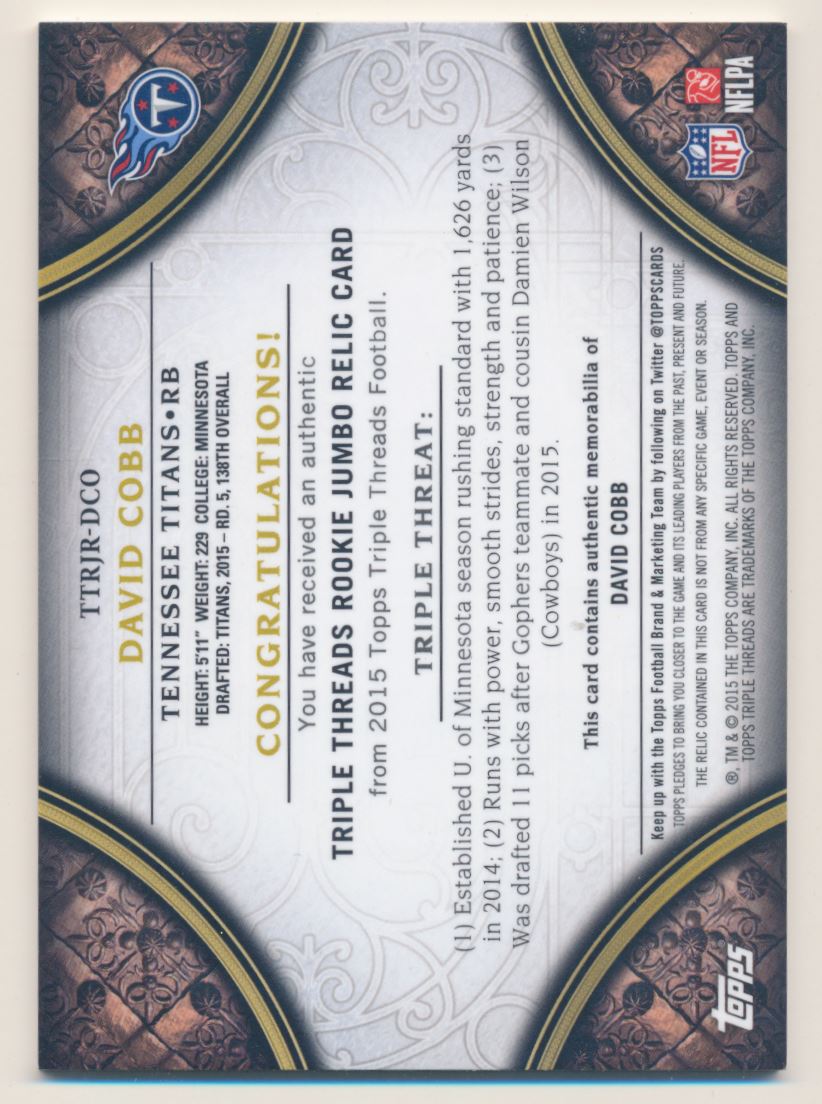2015 Topps Triple Threads Rookie Jumbo Relics #TTRJRDCO David Cobb