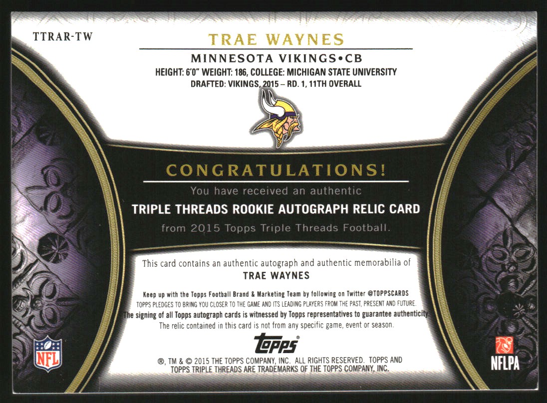 2015 Topps Triple Threads Rookie Autograph Relics Purple #TTRARTW Trae Waynes back image