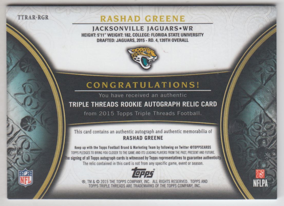 2015 Topps Triple Threads Rookie Autograph Relics Emerald #TTRARRGR Rashad Greene