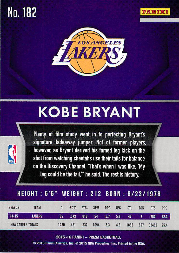 2015-16 Panini Prizm #182 Kobe Bryant back image