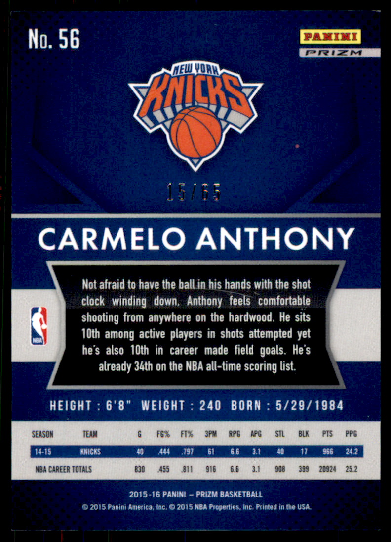 2015-16 Panini Prizm Prizms Orange #56 Carmelo Anthony back image