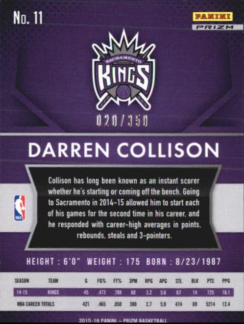 2015-16 Panini Prizm Prizms Ruby Wave #11 Darren Collison back image