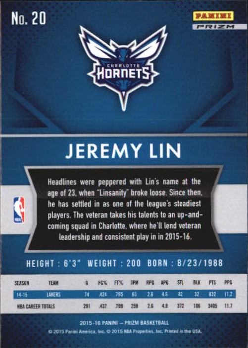 2015-16 Panini Prizm Prizms Silver #20 Jeremy Lin back image