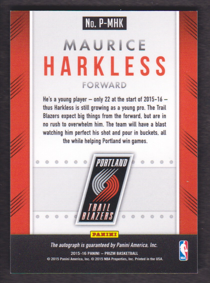 2015-16 Panini Prizm Autographs #29 Maurice Harkless back image