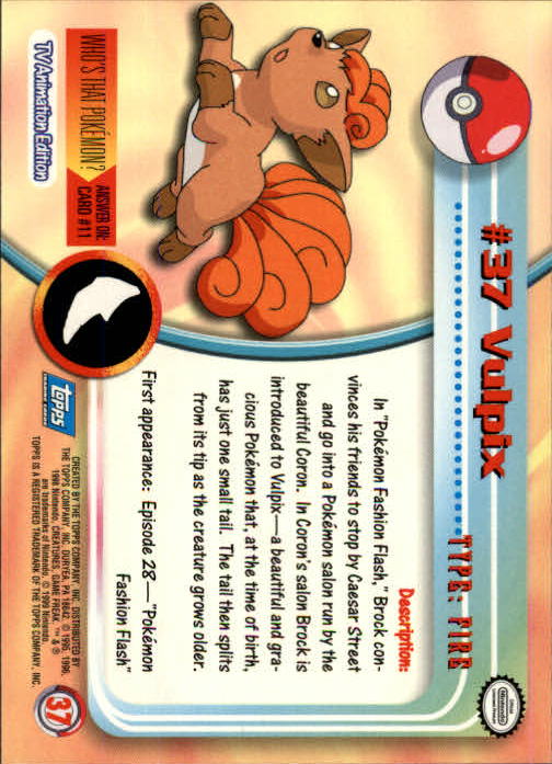 1999 Topps Pokemon TV Animation Series 1 #37 Vulpix back image