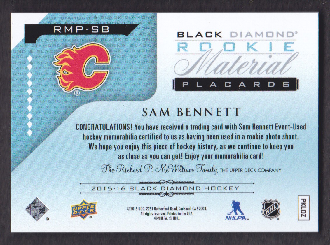 2015-16 Black Diamond Rookie Jersey Placards #RMPSB Sam Bennett back image