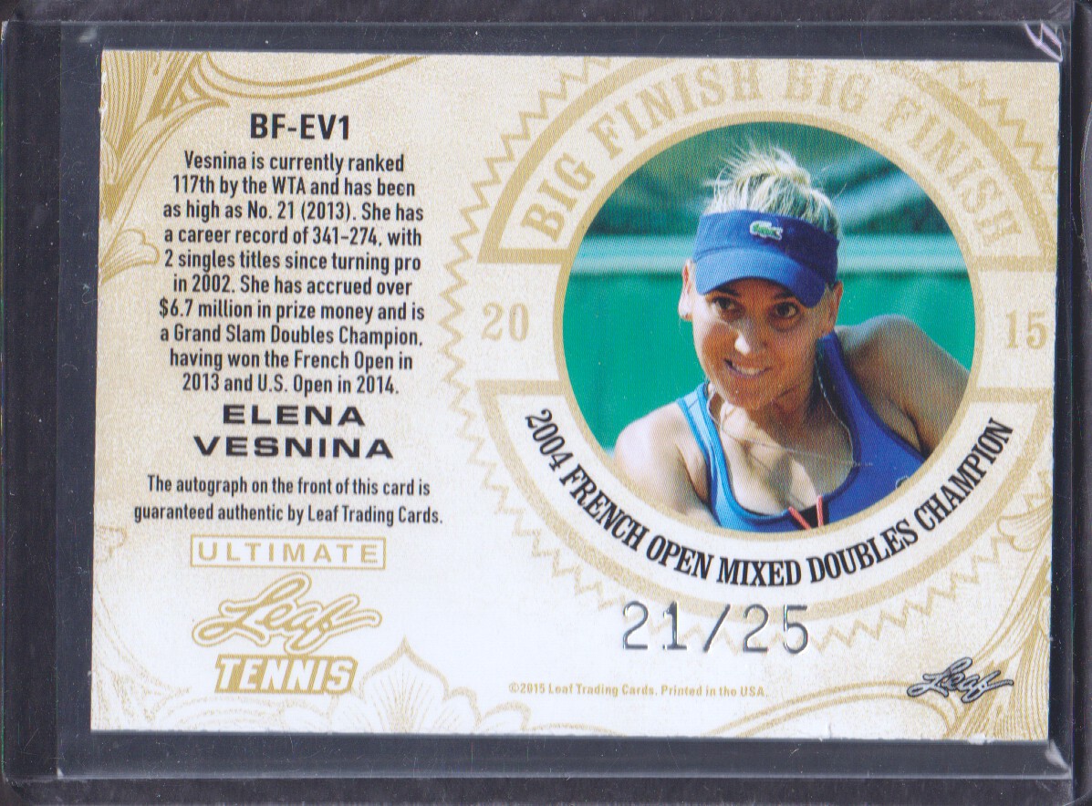 2015 Leaf Ultimate Tennis Big Finish Signatures Silver Etched Foil #BFEV1 Elena Vesnina back image