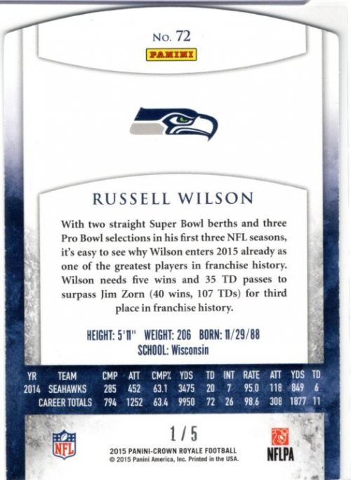 2015 Crown Royale Retail Platinum #72 Russell Wilson back image
