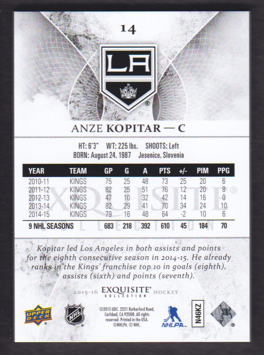 2015-16 Exquisite Collection #14 Anze Kopitar back image