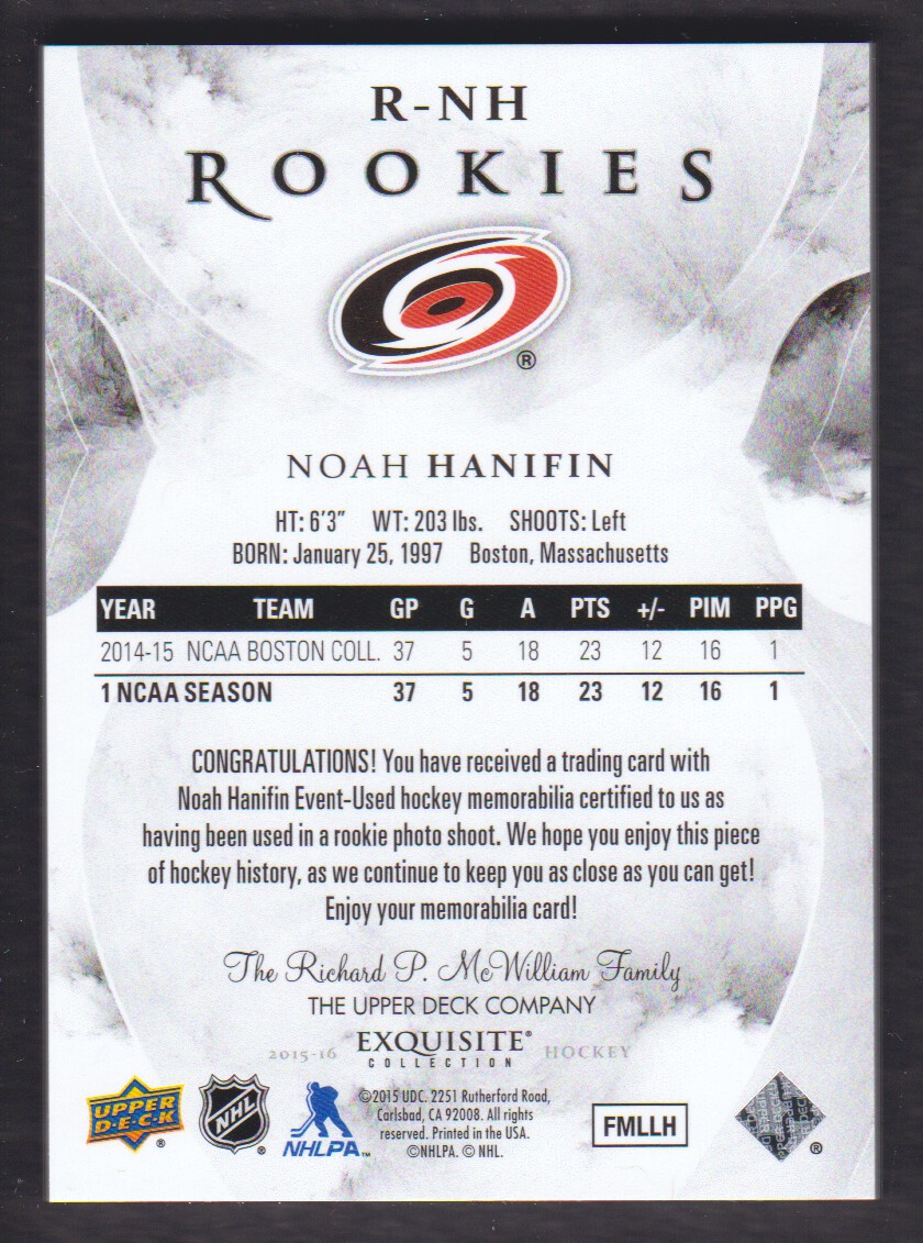 2015-16 Exquisite Collection #RNH Noah Hanifin JSY/299 back image