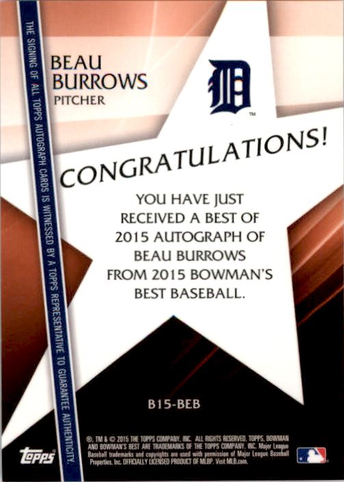 2015 Bowman's Best Best of '15 Autographs Atomic Refractors #B15BEB Beau Burrows back image
