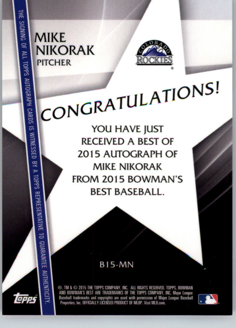 2015 Bowman's Best Best of '15 Autographs Red Refractors #B15MN Mike Nikorak back image