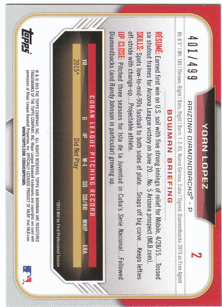 2015 Bowman Draft Silver #2 Yoan Lopez back image