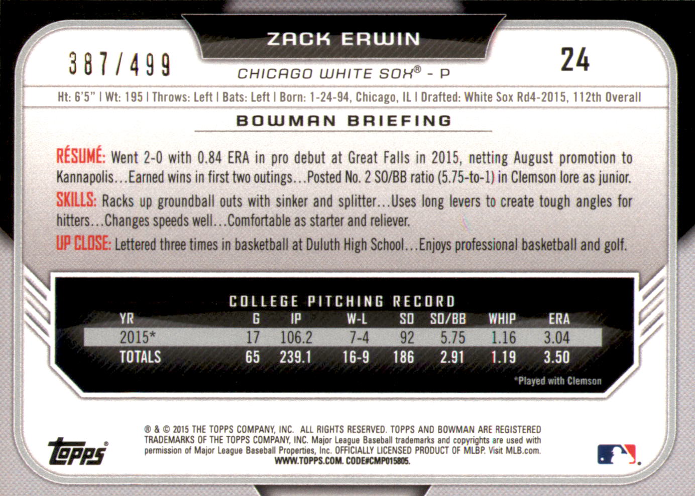 2015 Bowman Draft Silver #24 Zack Erwin back image