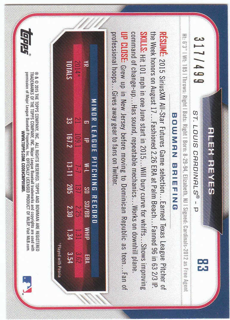 2015 Bowman Draft Silver #83 Alex Reyes back image