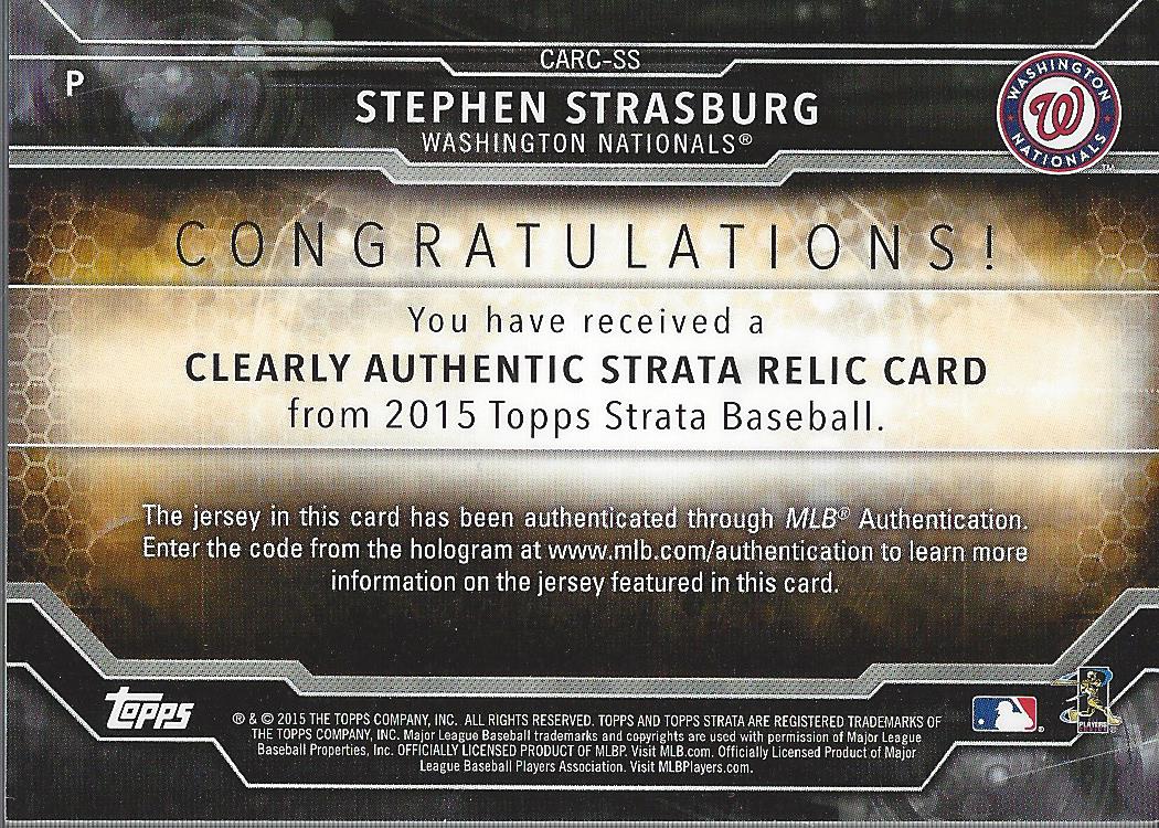 2015 Topps Strata Clearly Authentic Relics #CARCSS Stephen Strasburg back image