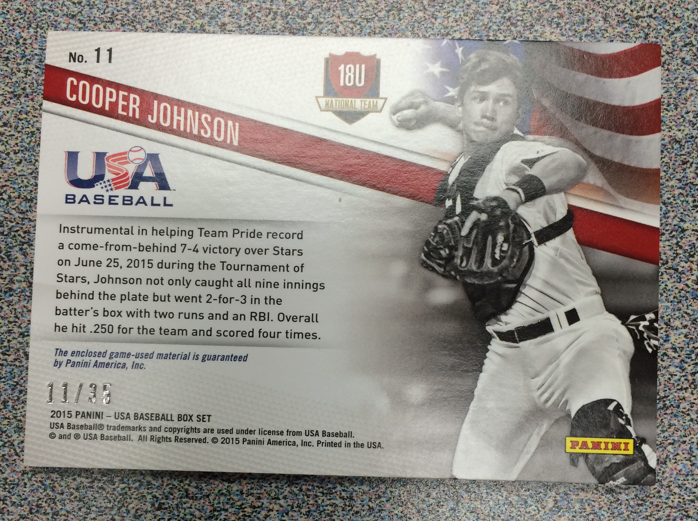 2015 USA Baseball 18U National Team Jerseys Prime #11 Cooper Johnson/35 back image