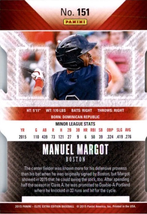2015 Elite Extra Edition Status Purple Die Cut #151 Manuel Margot back image