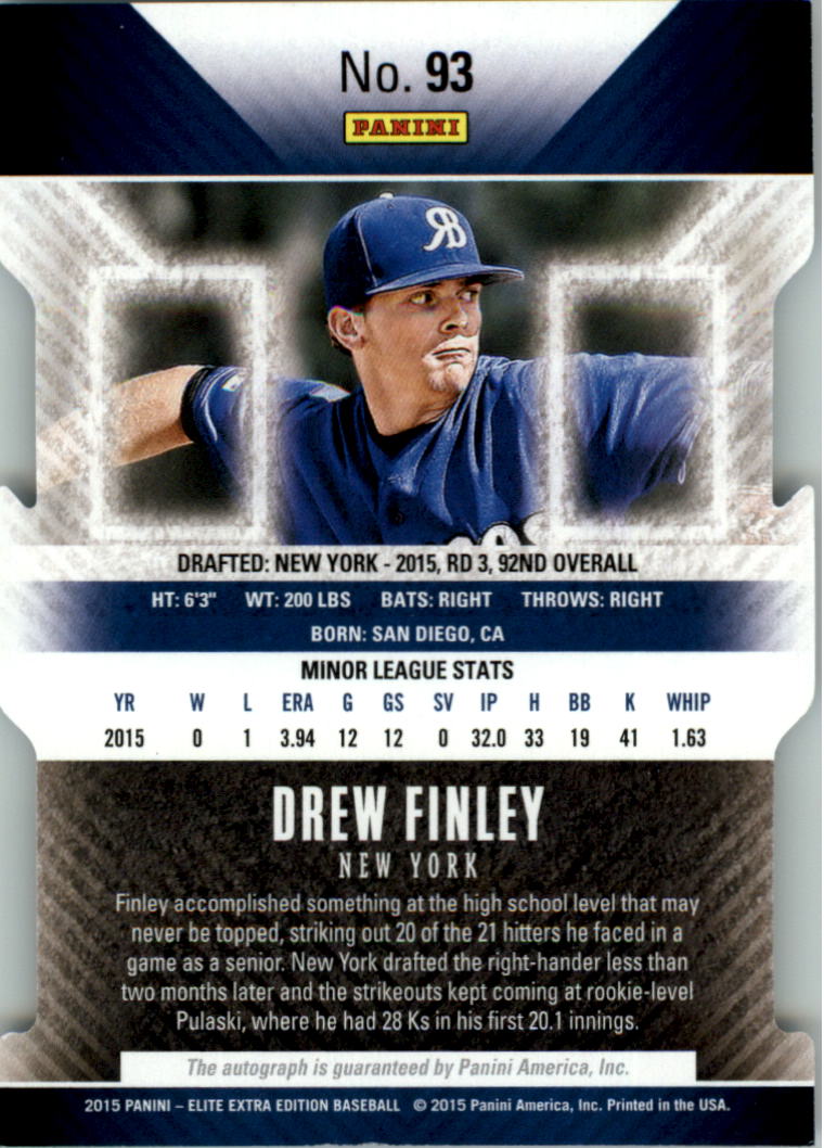 2015 Elite Extra Edition Prospect Autographs Status Blue Die Cut #93 Drew Finley/50 back image