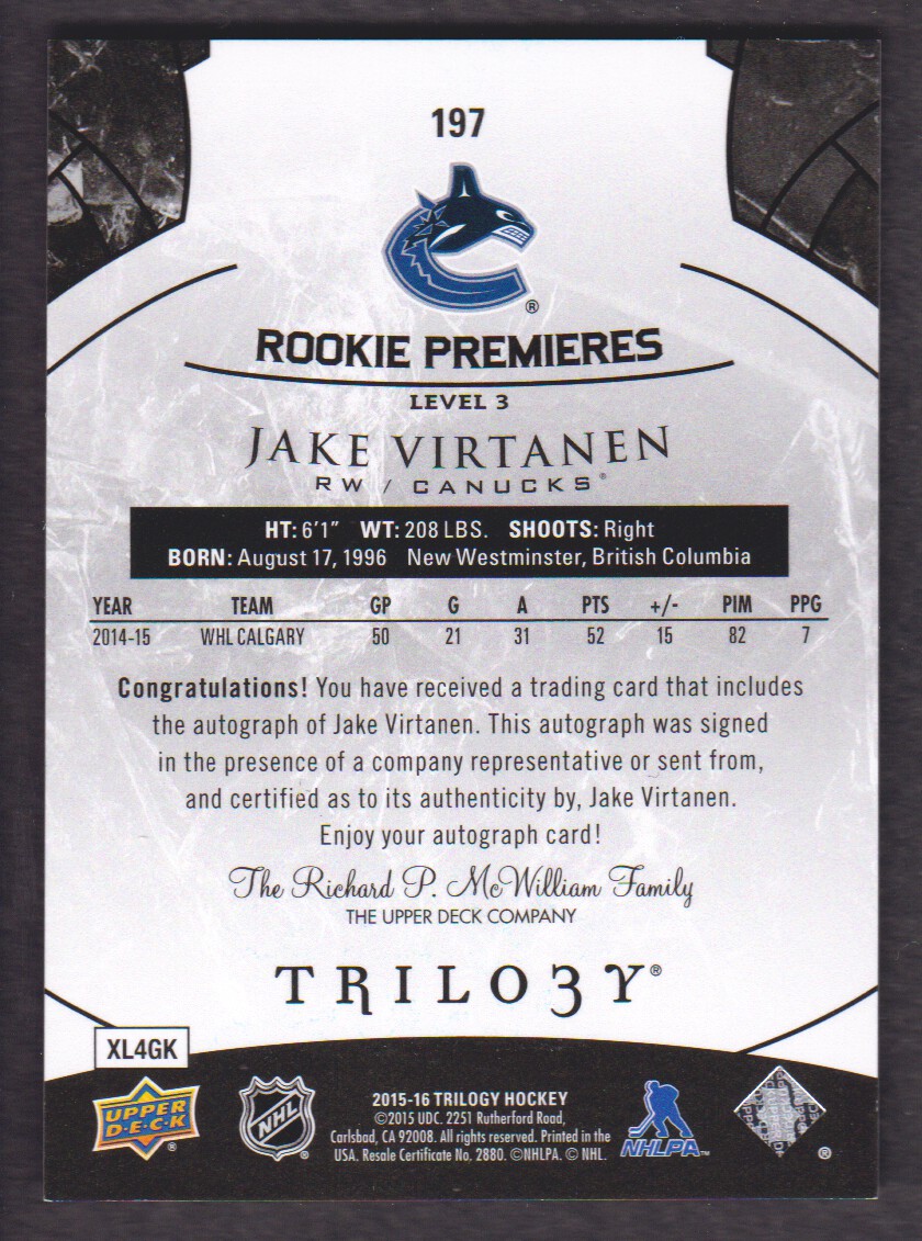 2015-16 Upper Deck Trilogy Rainbow Black #197 Jake Virtanen AU/3 back image