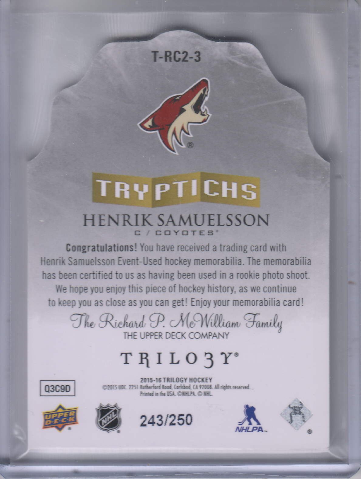 2015-16 Upper Deck Trilogy Tryptichs #TRC23 Henrik Samuelsson JSY/250 back image