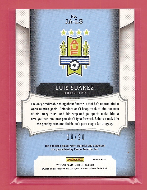2015-16 Select Jersey Autographs Blue #JALS Luis Suarez/20 back image