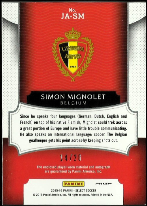 2015-16 Select Jersey Autographs Red #JASM Simon Mignolet/20 back image