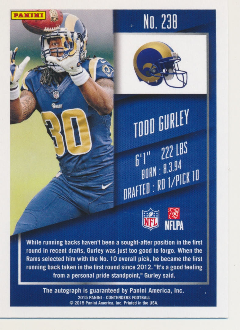 2015 Panini Contenders #238A Todd Gurley AU RC back image
