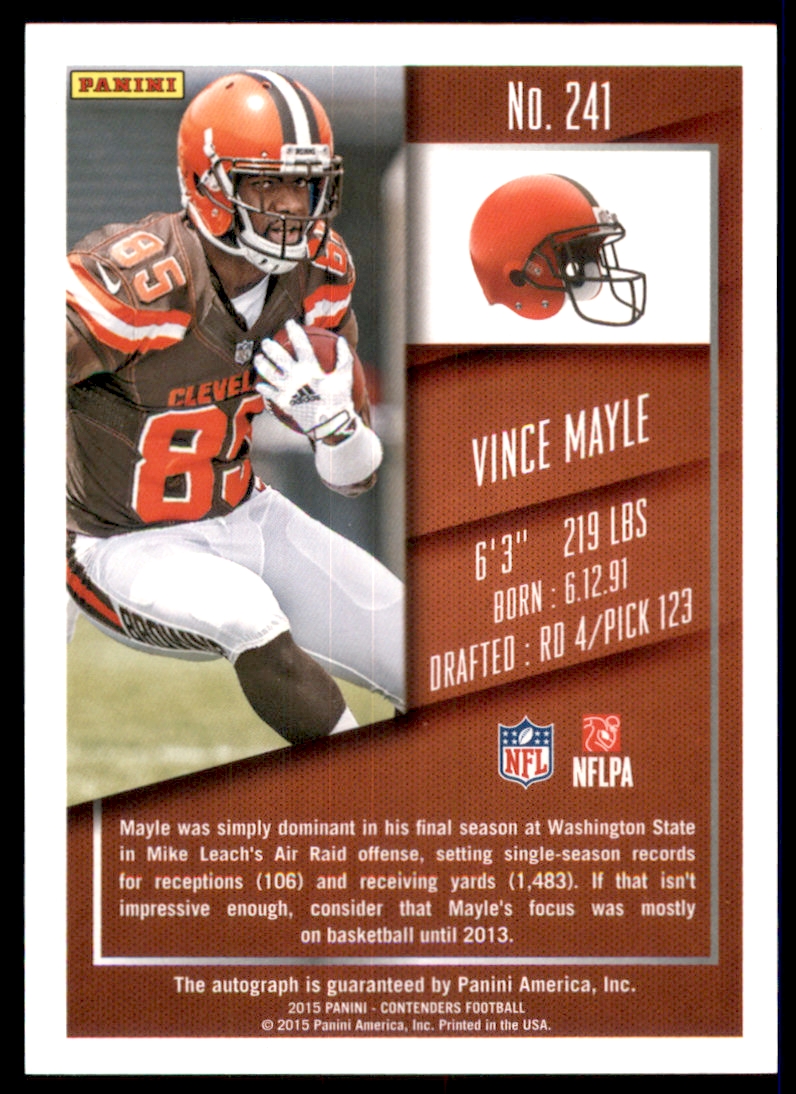2015 Panini Contenders #241A Vince Mayle AU RC back image
