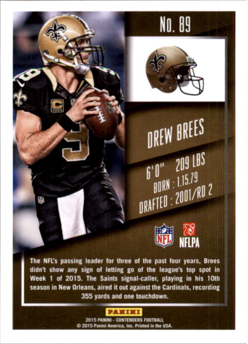 2015 Panini Contenders Playoff Ticket #89 Drew Brees back image