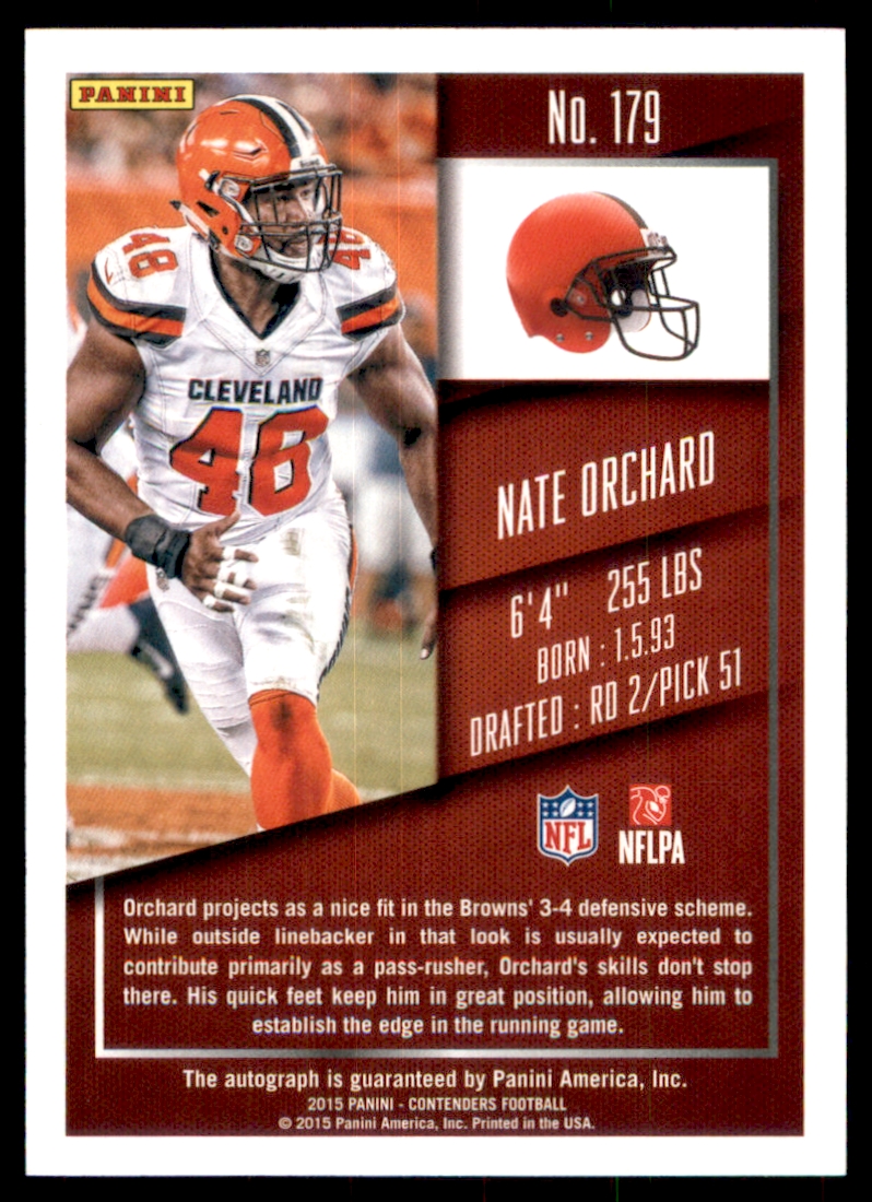 2015 Panini Contenders Playoff Ticket #179 Nate Orchard AU/125 back image