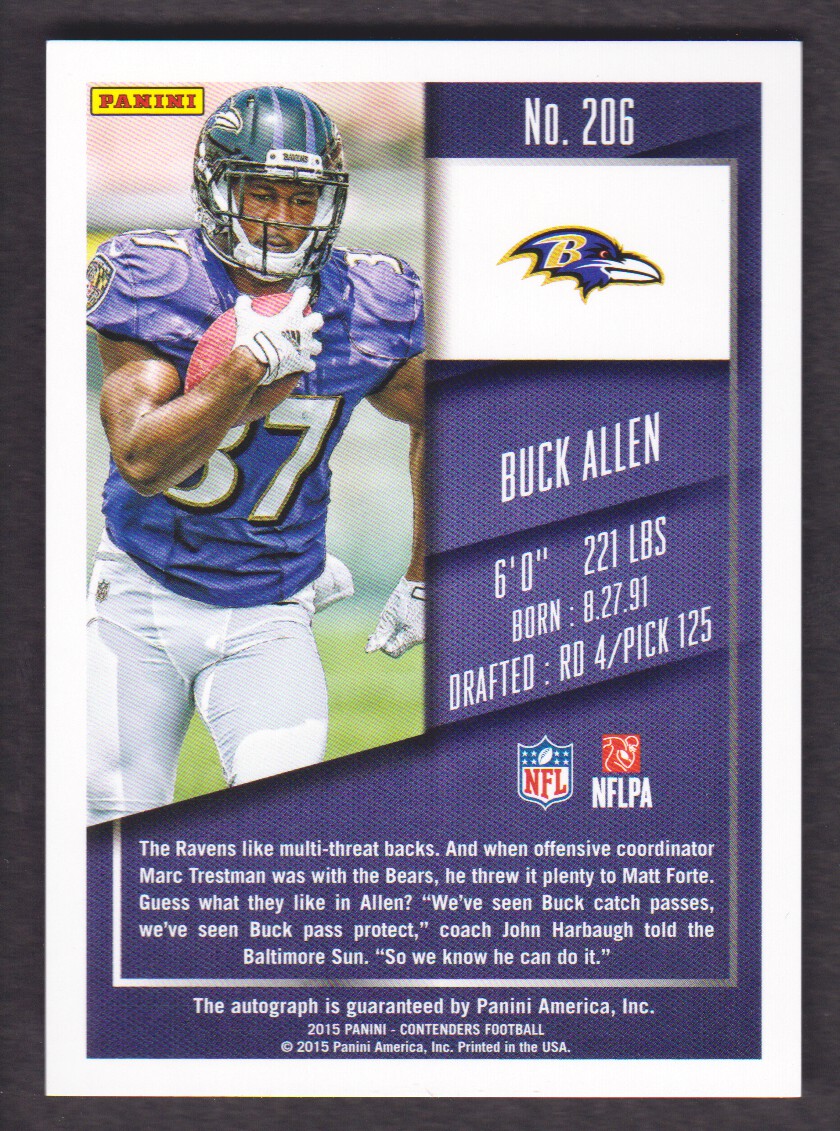 2015 Panini Contenders Playoff Ticket #206B Buck Allen AU/99 back image