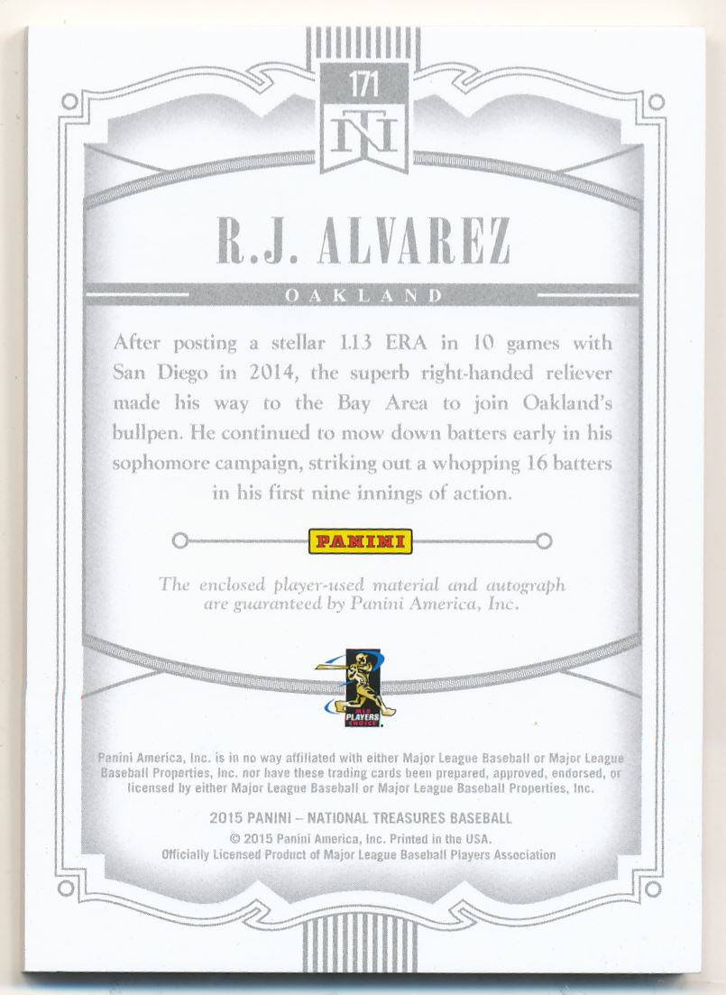 2015 Panini National Treasures Rookie Material Signatures Gold #171 R.J. Alvarez/25