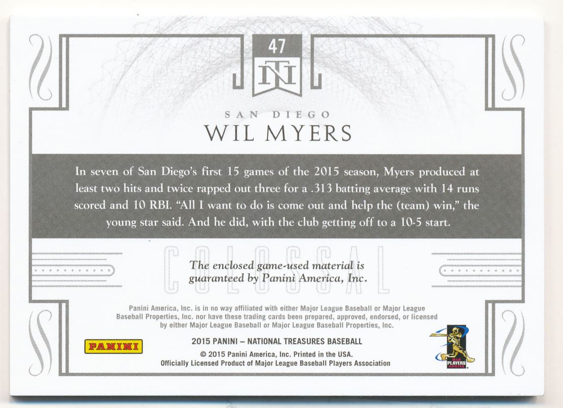 2015 Panini National Treasures Colossal Materials #47 Wil Myers/99 back image