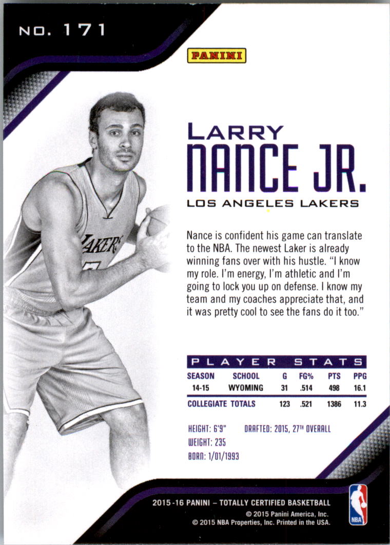 2015-16 Totally Certified #171 Larry Nance Jr. RC back image