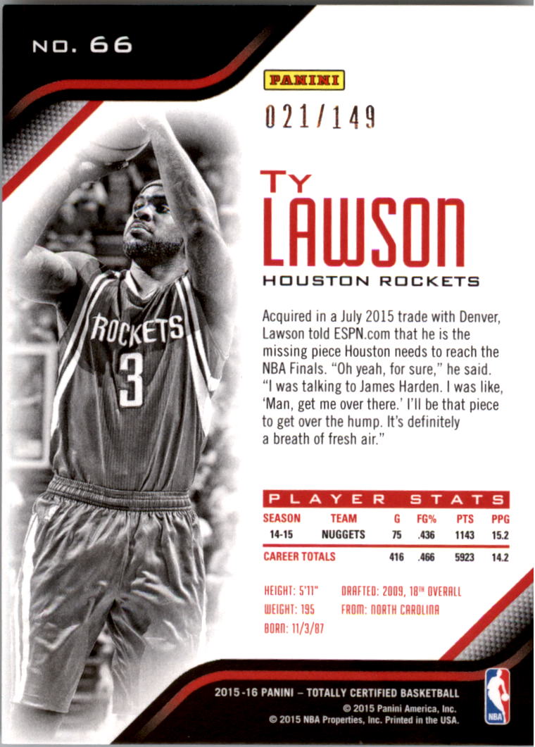 2015-16 Totally Certified Mirror Red #66 Ty Lawson back image
