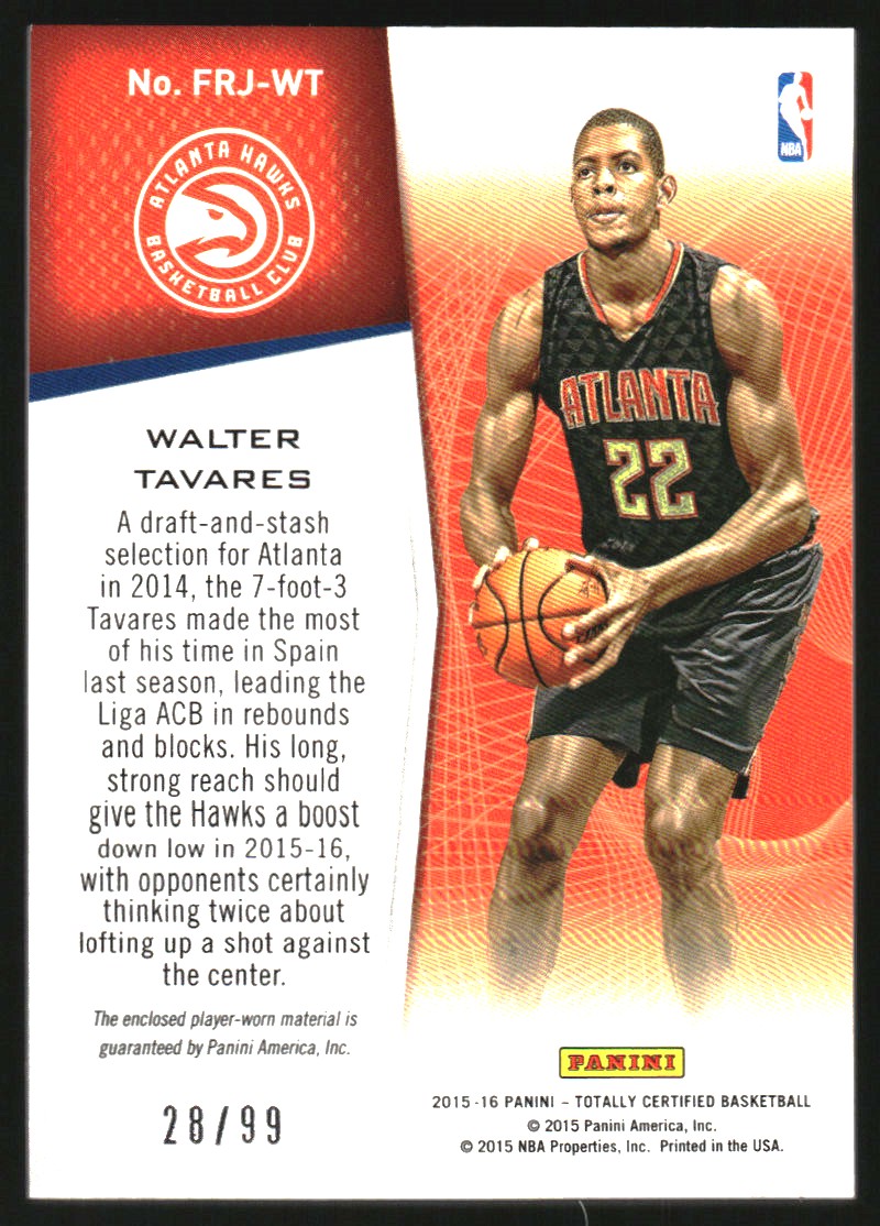 2015-16 Totally Certified Rookie Fabric of the Game Jerseys Blue #FRJWT Walter Tavares back image