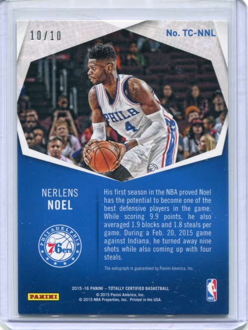 2015-16 Totally Certified Signatures Mirror Gold #TCNN Nerlens Noel back image