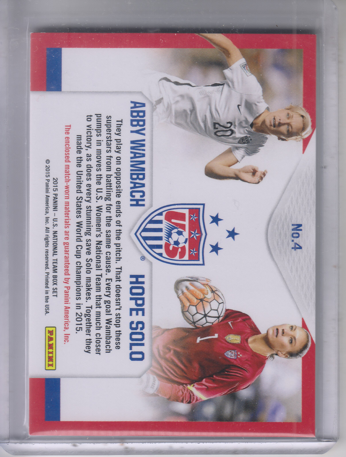 2015 Panini USA Soccer Dual Memorabilia #4 Hope Solo/Abby Wambach/199 back image