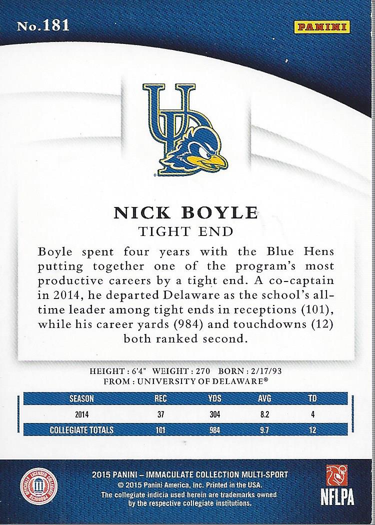 2015 Immaculate Collection Collegiate Multisport #181 Nick Boyle back image