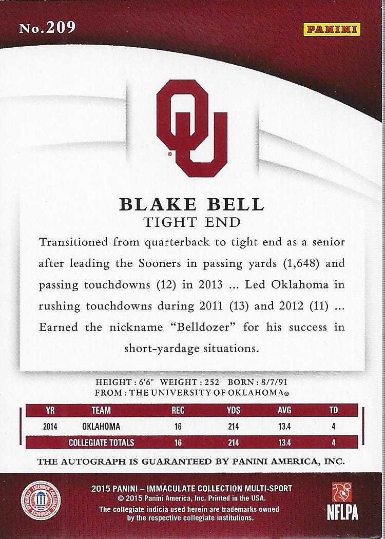 2015 Immaculate Collection Collegiate Multisport #209 Blake Bell AU back image